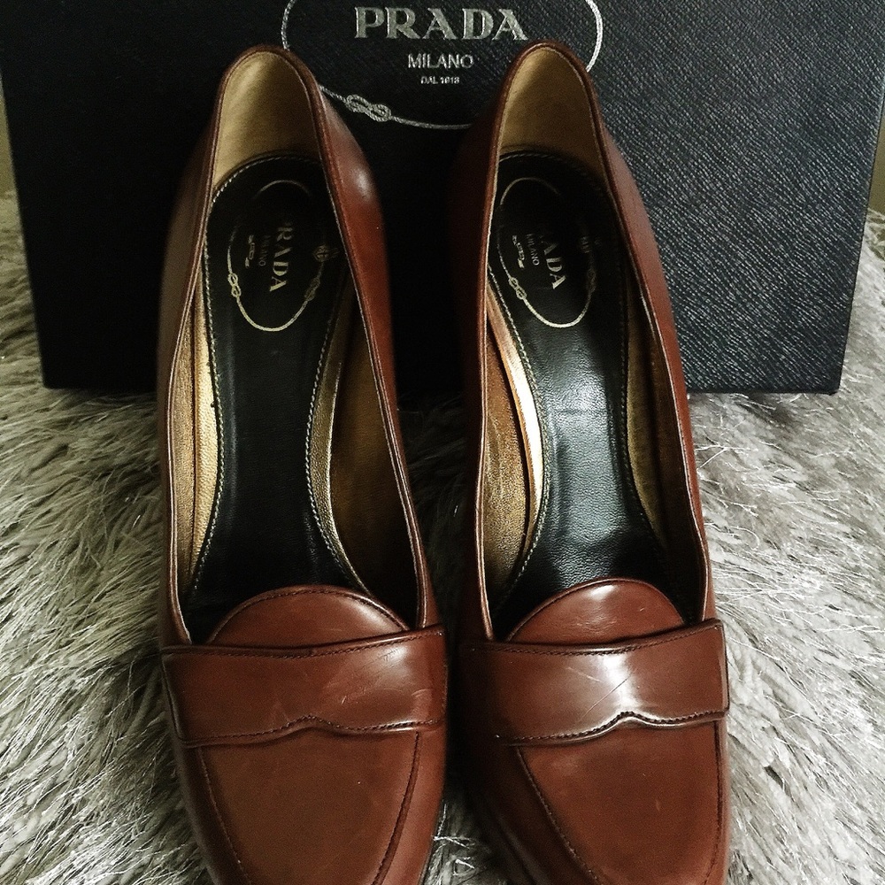 PRADA Leather Platform Penny Loafer Pumps